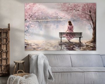 Peinture d'une femme assise sur un banc de parc avec un étang, dans le style de la légèreté impressionniste, rose clair, fleurs de cerisier au printemps sur Animaflora PicsStock