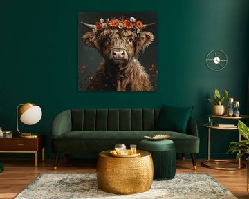 Flower crowned Highland cow - Charming work of art for nature lovers by Felix Brönnimann