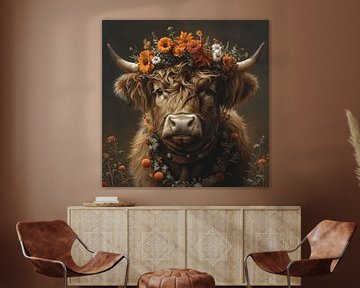 Flower crowned Highland cow - Charming work of art for nature lovers by Felix Brönnimann