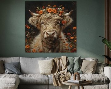 Vache Highland couronnée de fleurs - Une œuvre d'art charmante pour les amoureux de la nature sur Felix Brönnimann