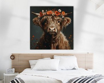 Vache Highland couronnée de fleurs - Une œuvre d'art charmante pour les amoureux de la nature sur Felix Brönnimann