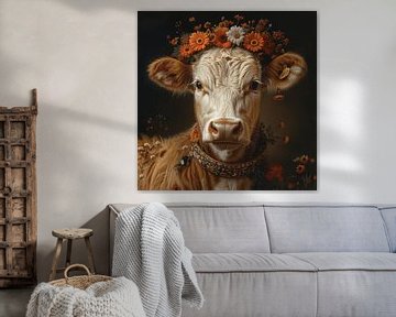 Hoogland koe met bloemenkroon - Charmant kunstwerk voor natuurliefhebbers van Felix Brönnimann