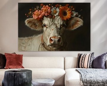 Vache Highland couronnée de fleurs - Une œuvre d'art charmante pour les amoureux de la nature sur Felix Brönnimann