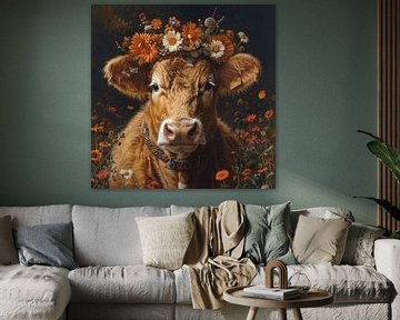 Hoogland koe met bloemenkroon - Charmant kunstwerk voor natuurliefhebbers van Poster Art Shop