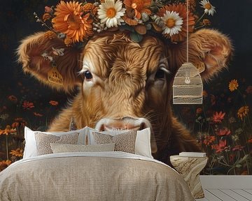 Hoogland koe met bloemenkroon - Charmant kunstwerk voor natuurliefhebbers van Poster Art Shop