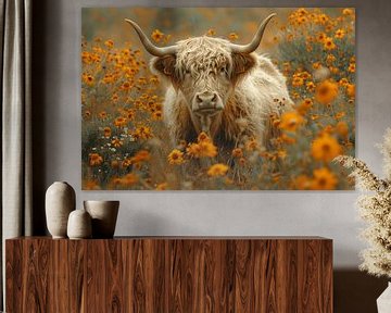 Schotse Hooglander in een zee van bloemen van Poster Art Shop