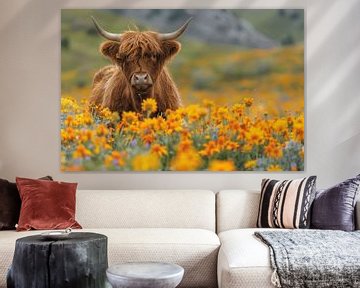 Scottish Highlander dans une mer de fleurs sur Felix Brönnimann