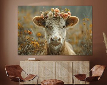 Portrait de vache avec des fleurs sur Felix Brönnimann