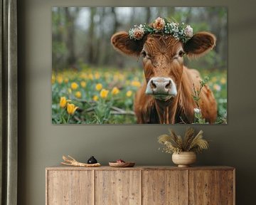 Portrait de vache avec des fleurs sur Felix Brönnimann