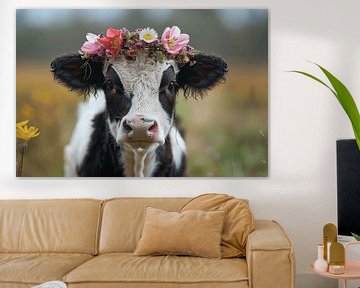 Schattig kalf met bloemenkrans voor natuur- en dierenliefhebbers