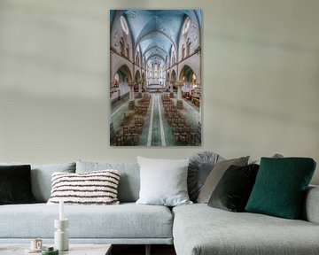 Abandoned church with light blue cross vaulting by Brigitte Mulders