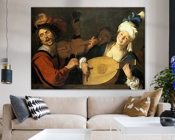 A Merry Group Behind a Balustrade with a Violin and a Lute Player - Gerard van Honthorst