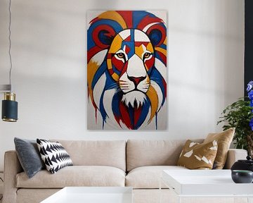 Lion in red and blue by De Muurdecoratie