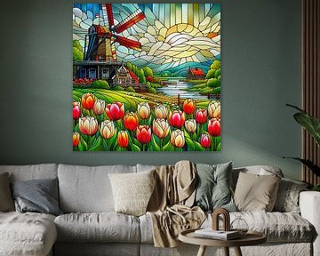 Glas in lood molen en tulpen van Digital Art Nederland