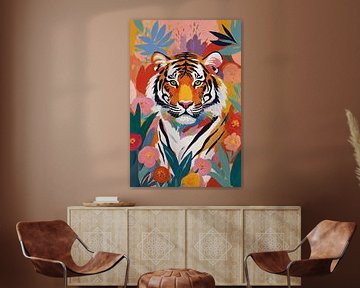 Tigre avec des fleurs style Henri Matisse sur De Muurdecoratie