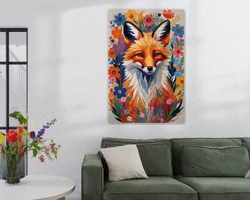 Renard avec des fleurs à l'aquarelle sur De Muurdecoratie