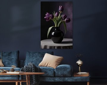 Vase noir avec tulipes violettes sur De Muurdecoratie