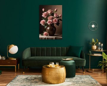 Pink roses in brown vase by De Muurdecoratie