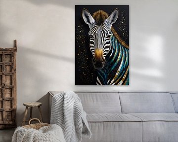 Zebra Portrait with Golden Splashes on Noir by De Muurdecoratie