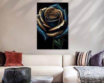 Golden Shimmer on Blue Rose by De Muurdecoratie