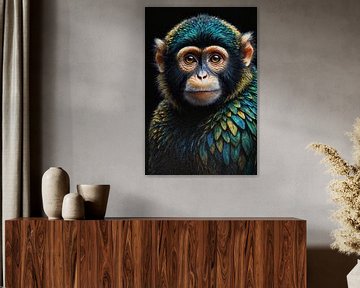 Portrait d'un singe enchanté avec une plume ornée de bijoux sur De Muurdecoratie
