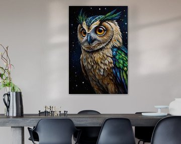 Hibou dans la nuit avec ciel étoilé sur De Muurdecoratie