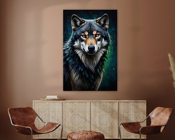 Nocturnal Elegance: Wolf in Starlit Serenity van De Muurdecoratie
