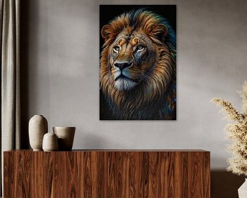 Visage d'un lion tranquille en couleur sur De Muurdecoratie