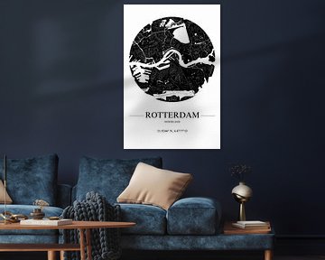 Carte de la ville de Rotterdam en noir et blanc Pays-Bas sur De Muurdecoratie