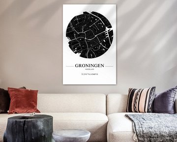 Black-and-white stylised map of Groningen by De Muurdecoratie