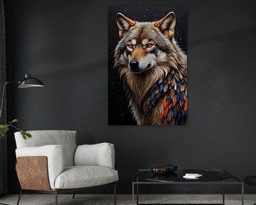 Intense Wolf Gaze with Feathered Fur van De Muurdecoratie