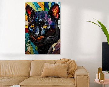 Pantherkopf aus Buntglas in leuchtenden Farben von De Muurdecoratie
