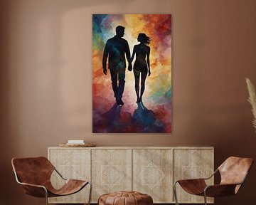 Silhouette colorée d'un couple amoureux sur De Muurdecoratie