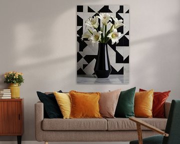 Stylish Lilies in Black and White Geometric Setting by De Muurdecoratie