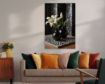 Still life with Lilies in Black and White Vases by De Muurdecoratie