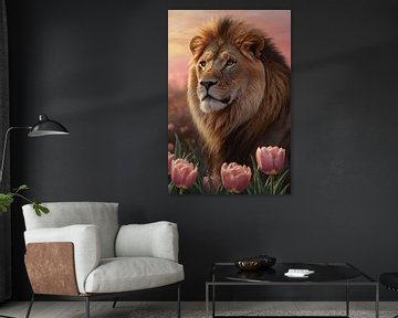 Noble Lion in Tulip Field at Sunset by De Muurdecoratie