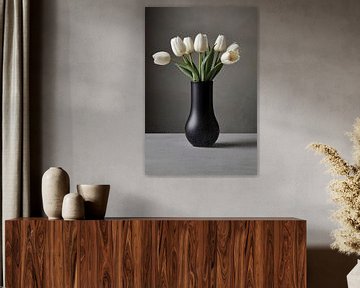 Minimalistische weiße Tulpen in eleganter schwarzer Vase von De Muurdecoratie