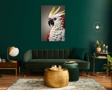 Hyperrealistisches Porträt eines rot-weißen Papageis von De Muurdecoratie