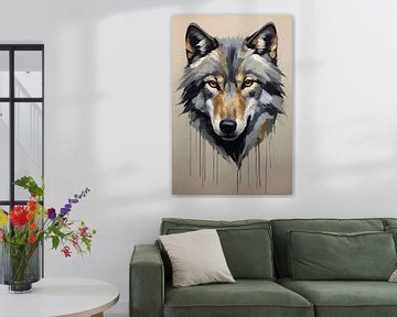 Abstrakter Wolf in bunten Pinselstrichen von De Muurdecoratie