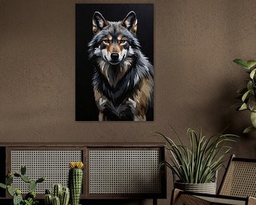 Stoischer Wolf in monochromer digitaler Kunst von De Muurdecoratie