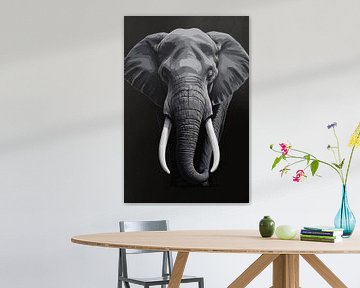 Portrait d'un éléphant en noir et blanc sur De Muurdecoratie