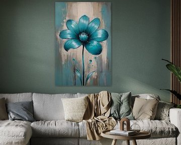 Fleur turquoise sur fond abstrait beige sur De Muurdecoratie