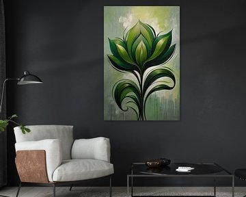 Fleur verte abstraite sur toile sur De Muurdecoratie