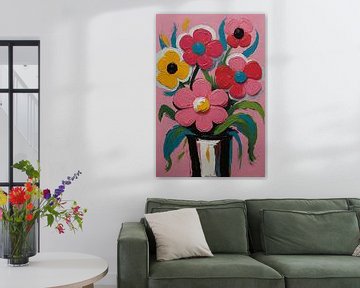 Bunte Blumen in Vase auf rosa Hintergrund von De Muurdecoratie