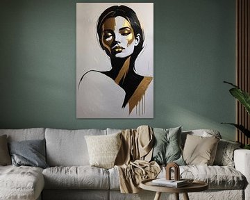 Vrouwelijk Portret in Zwart, Wit en Goud van Art & Soul Creations