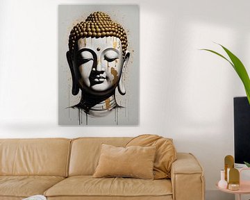 Boeddha Hoofd met Gouden Druppels Modern Kunstwerk van De Muurdecoratie