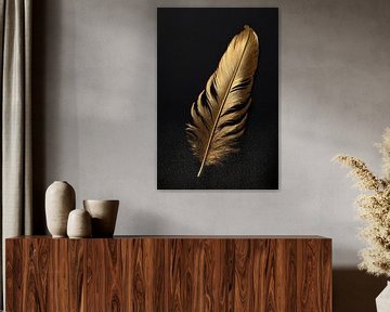 Shiny Gold Feather on Black Background by De Muurdecoratie