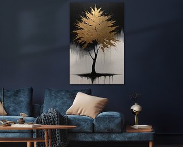Abstrakter goldener Baum in monochromer Reflexion von De Muurdecoratie