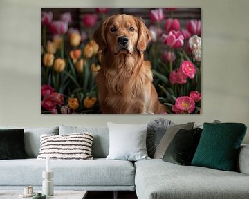 hond tussen de tulpen