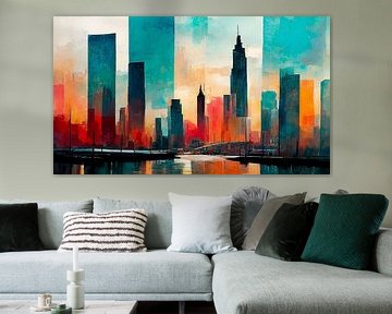 Stad met skyline in kunst van Mustafa Kurnaz